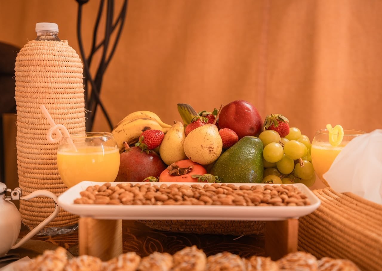 Fresh fruit, almonds and juice for breakfast at Dihya Desert Camp, Merzouga
